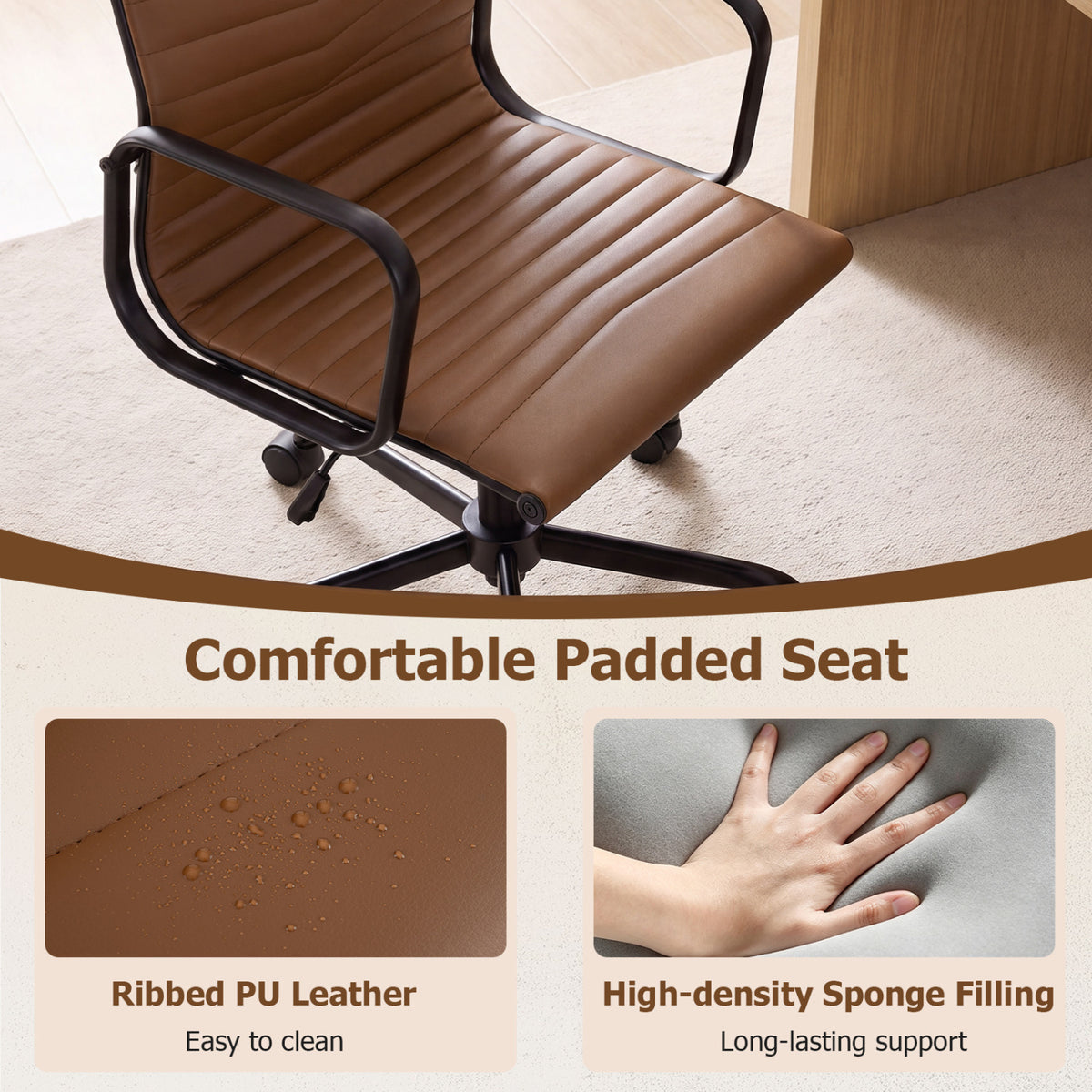 Ribbed Office Chair High Back PU Leather for Home Office with Adjustable Height-Brown view 5
