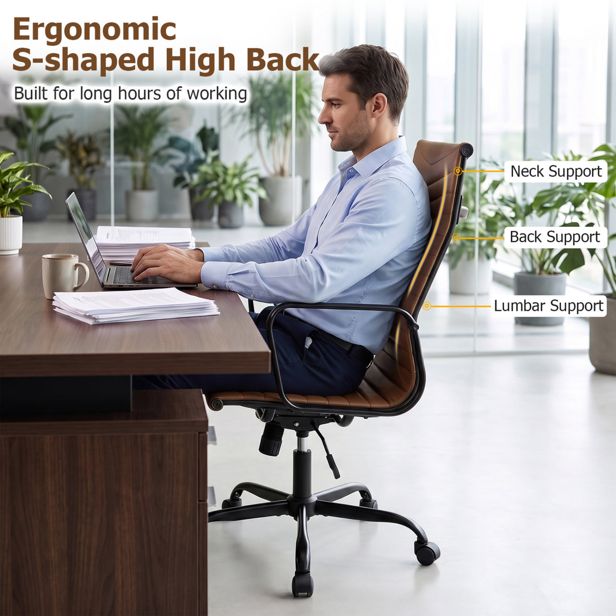Ribbed Office Chair High Back PU Leather for Home Office with Adjustable Height-Brown view 6