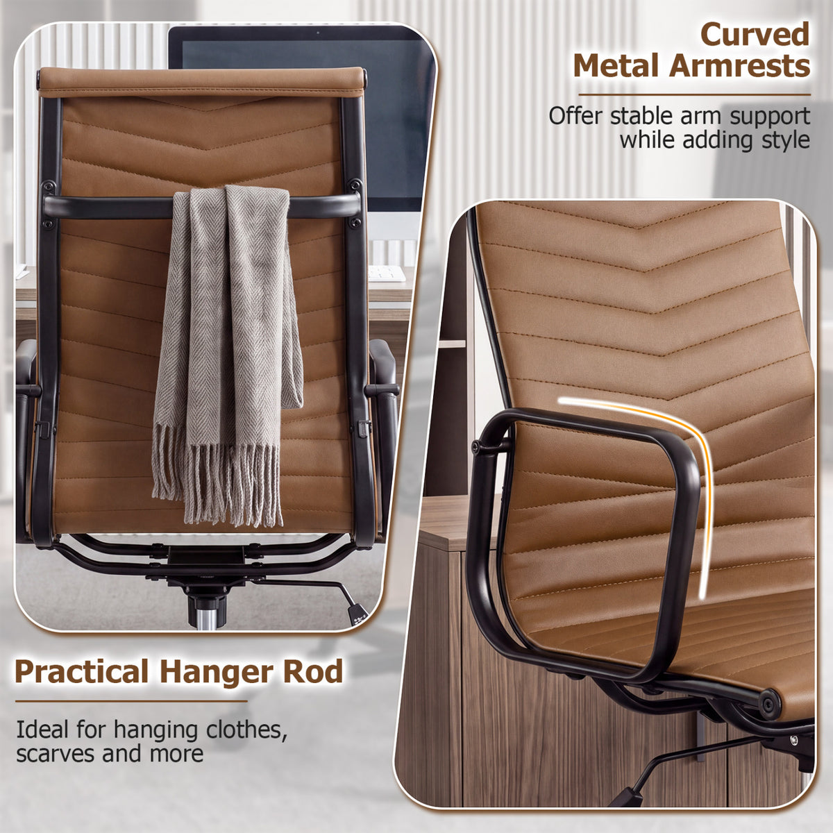 Ribbed Office Chair High Back PU Leather for Home Office with Adjustable Height-Brown view 8