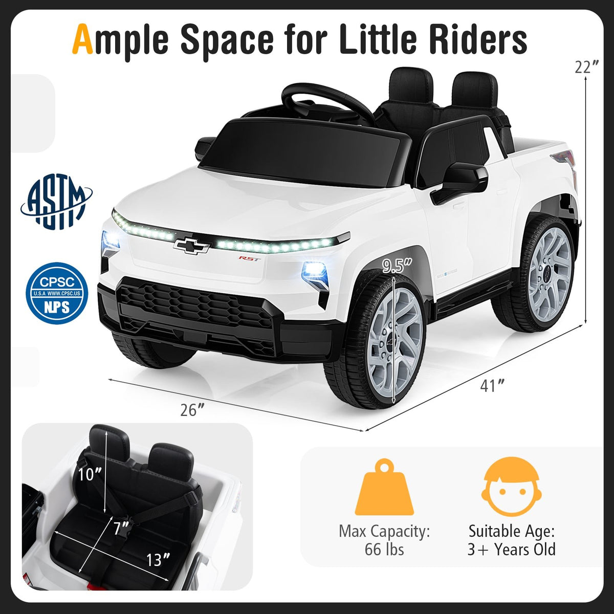 12V Ride on Car Truck Licensed Chevrolet with Remote Control Gift for 3+-White view 4