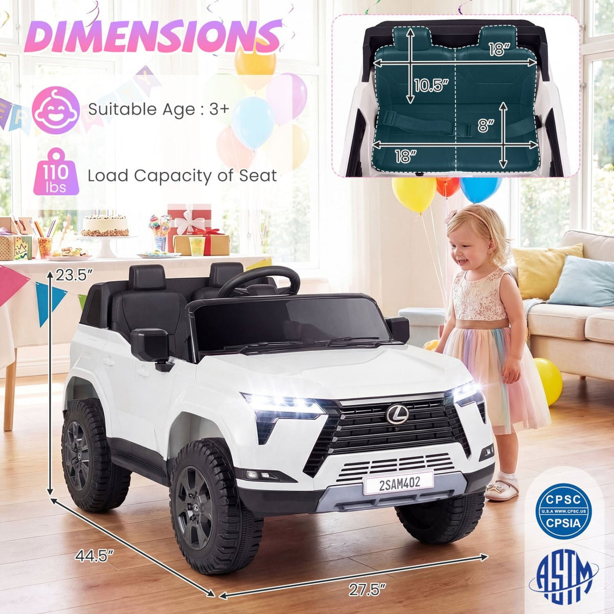 Ride on Car 24V 4WD Licensed LEXUS GX550 Electric Vehicle with Remote for Boys Girls Aged 3+-White view 4