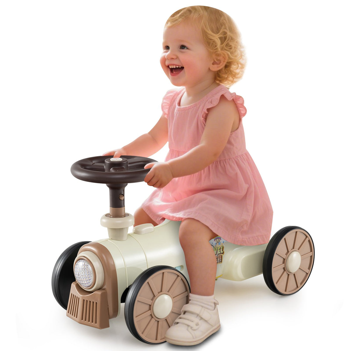 Ride on Toy with Steering Wheel and Train Whistle Sound Button-Beige view 4