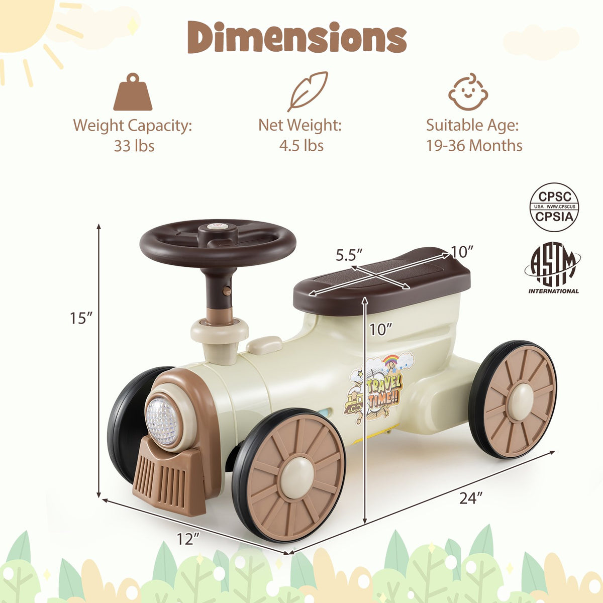 Ride on Toy with Steering Wheel and Train Whistle Sound Button-Beige view 5