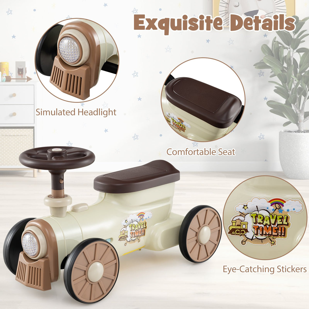 Ride on Toy with Steering Wheel and Train Whistle Sound Button-Beige view 6