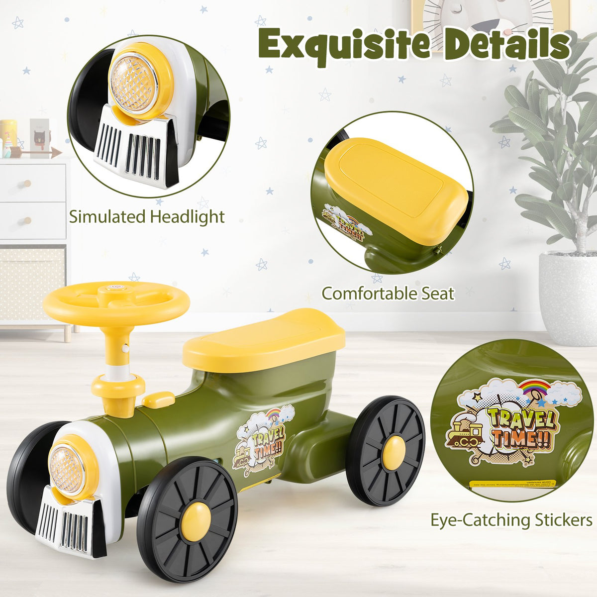 Ride on Toy with Steering Wheel and Train Whistle Sound Button-Green view 7