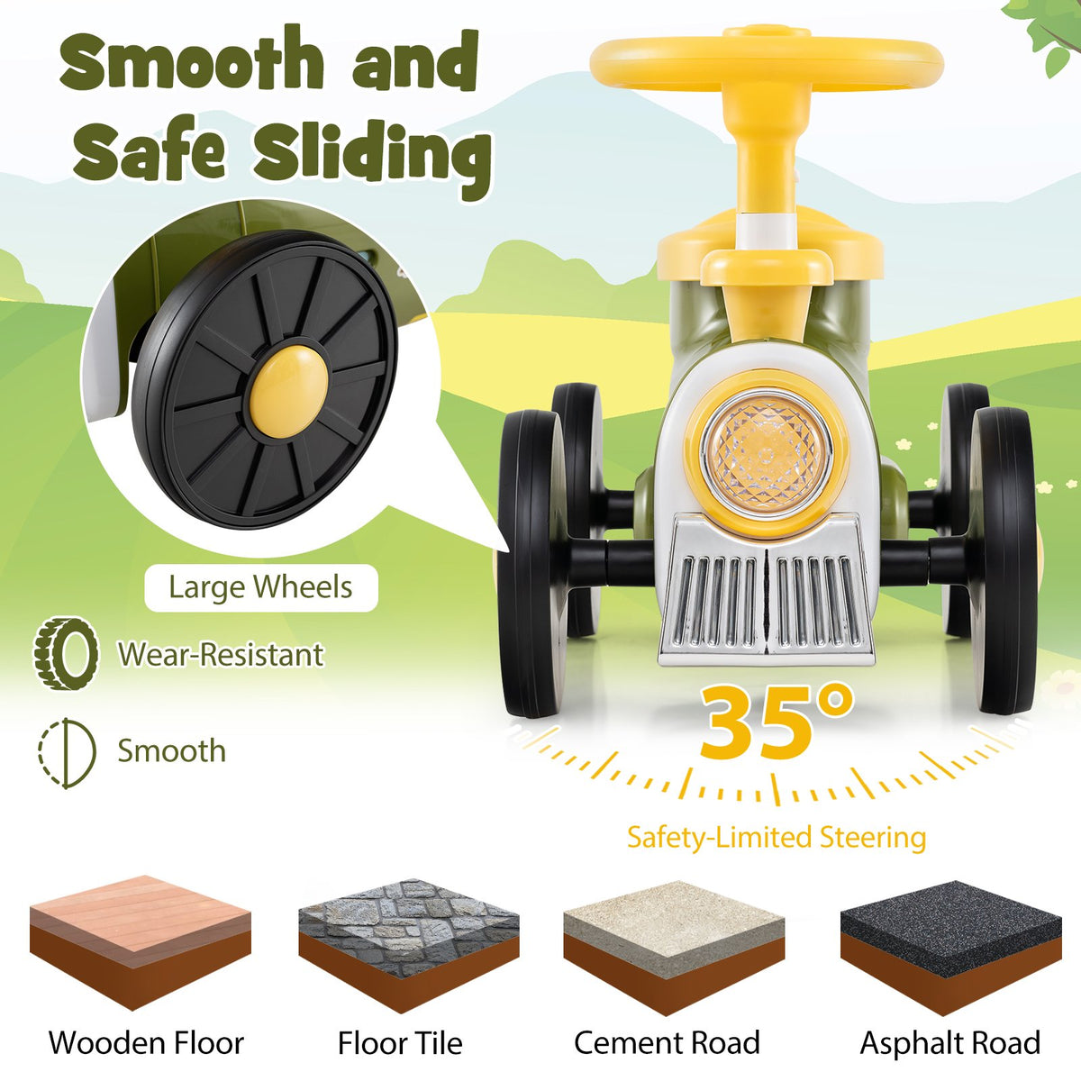 Ride on Toy with Steering Wheel and Train Whistle Sound Button-Green view 9