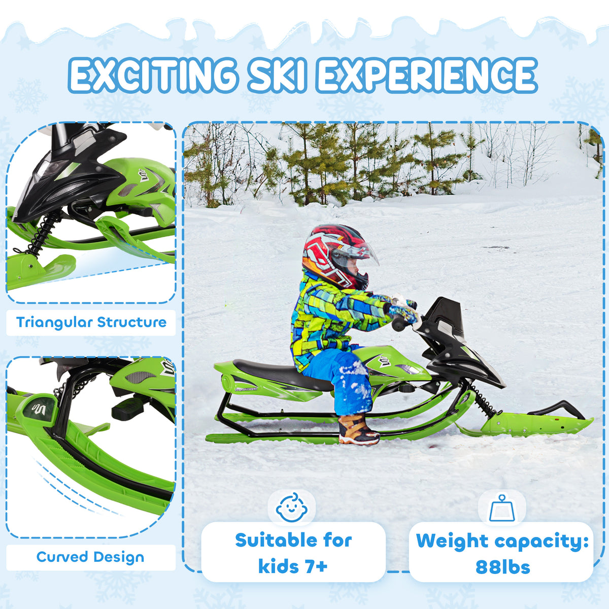 Kids Snow Racer Sleds with Padded Rubber Seat, Green