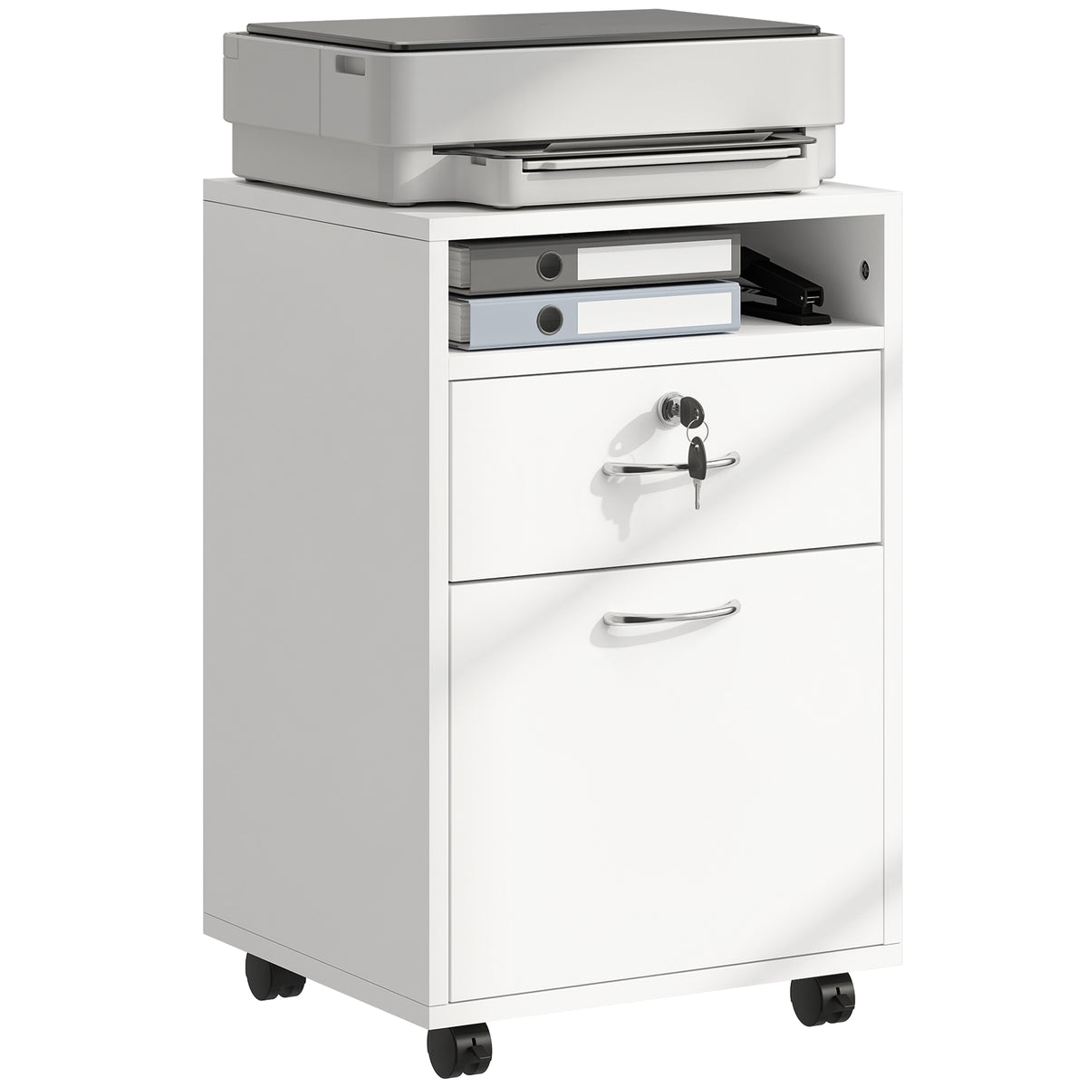 24" Vertical Filing Cabinet with Lockable Drawer, Mobile File Cabinet with 2 Keys, Wheels for Home Office, White