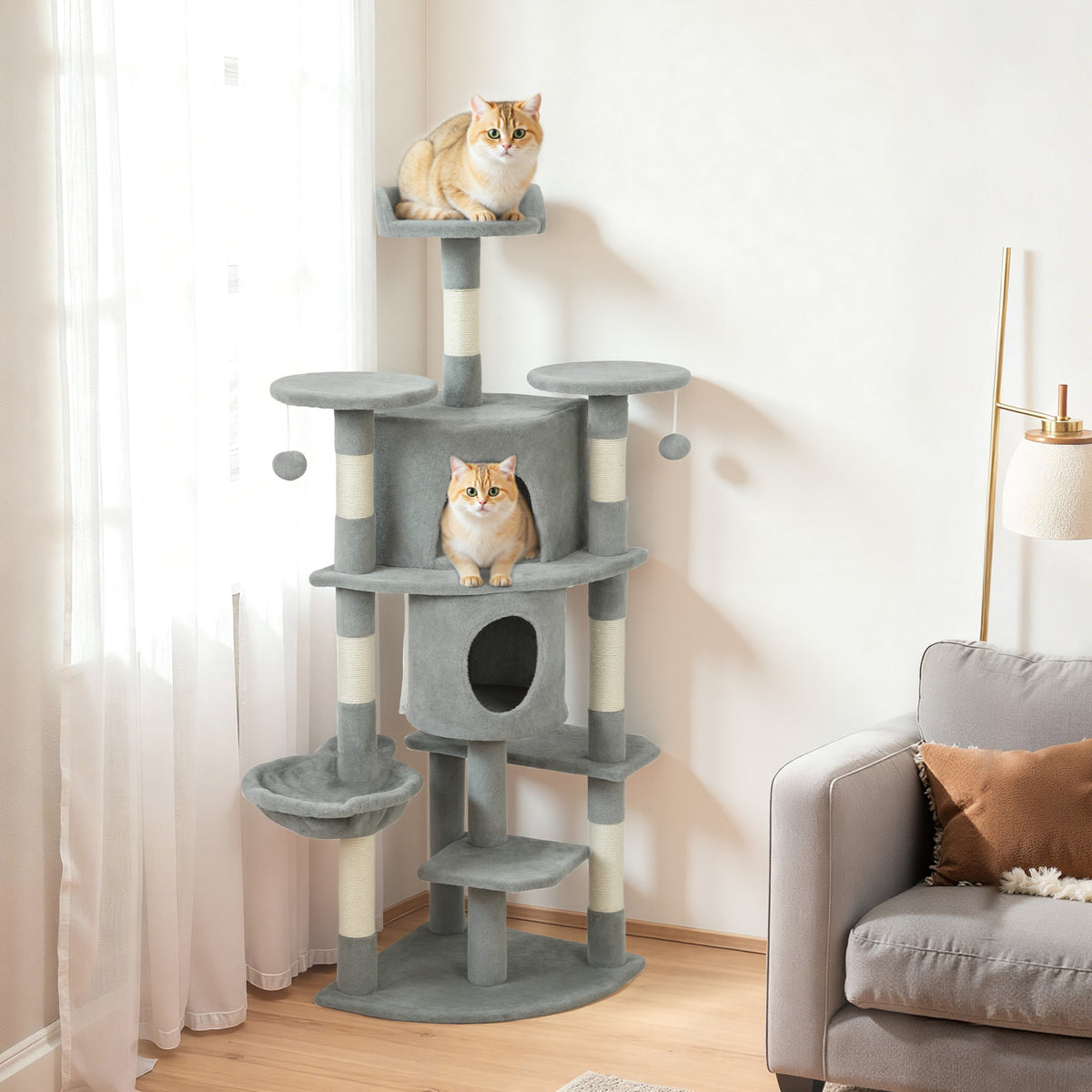 62" Cat Tree with Scratching Post, 2 Condos, Hammock, Perches, Plush, Pompoms, for Indoor Cats, Beige – view 21