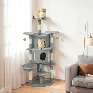 62" Cat Tree with Scratching Post, 2 Condos, Hammock, Perches, Plush, Pompoms, for Indoor Cats, Beige – view 21