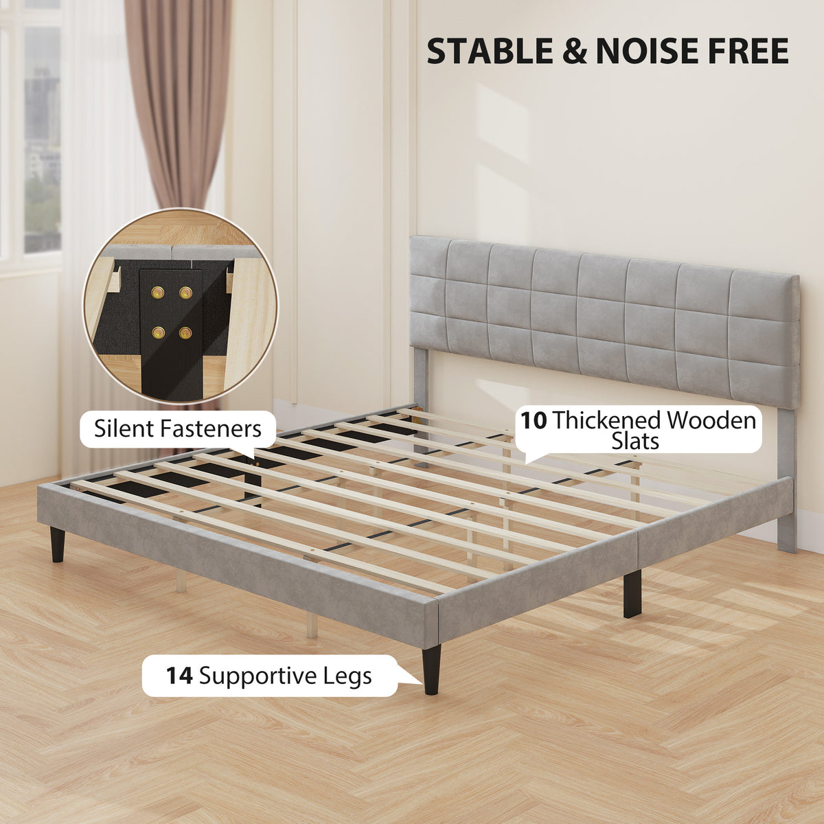 Queen Size Bed Frame with Upholstered Headboard, Modern Platform Bed Frame with Wood Slats, 1100 lbs Capacity, Cream