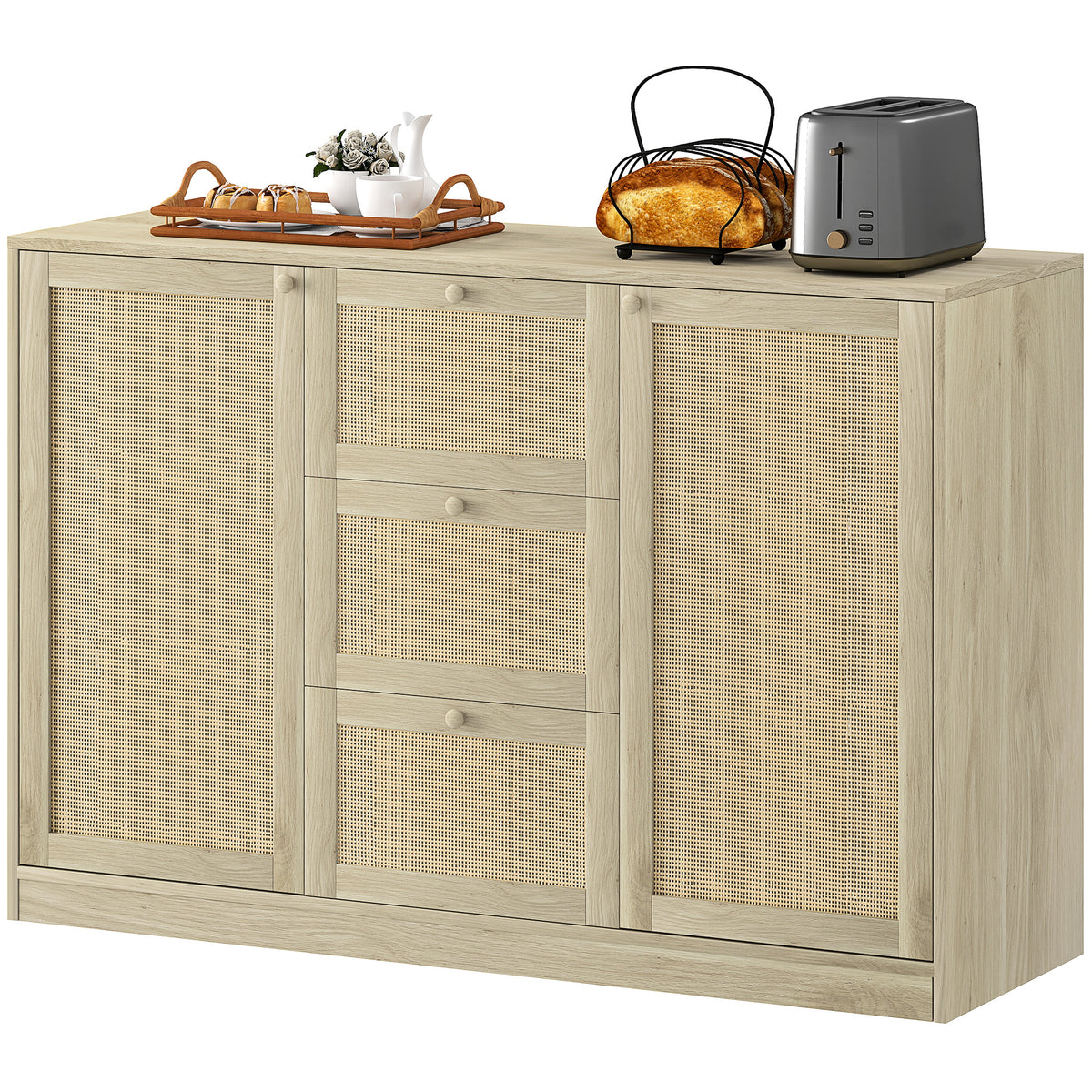 Boho Sideboard Buffet Cabinet, Kitchen Coffee Bar Cabinet with 3 Drawers, 2 Adjustable Shelves and 4 Racks, Natural