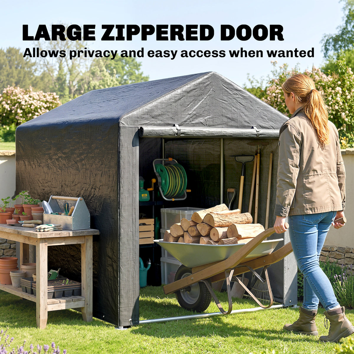 Portable Bicycle Shed with Galvanised Steel Frame and Large Door, Waterproof Outdoor Shed for Garden Tools – view 12