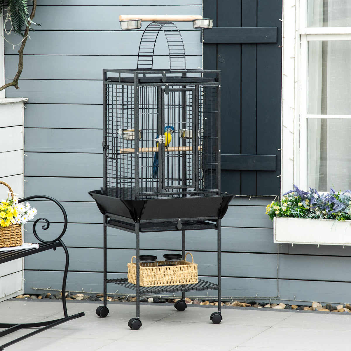 61.5 Inch Bird Cage Parakeet House for Cockatiel with Stand, Pull Out Tray, Play Top, Storage Shelf, Wood Perch, Food Container