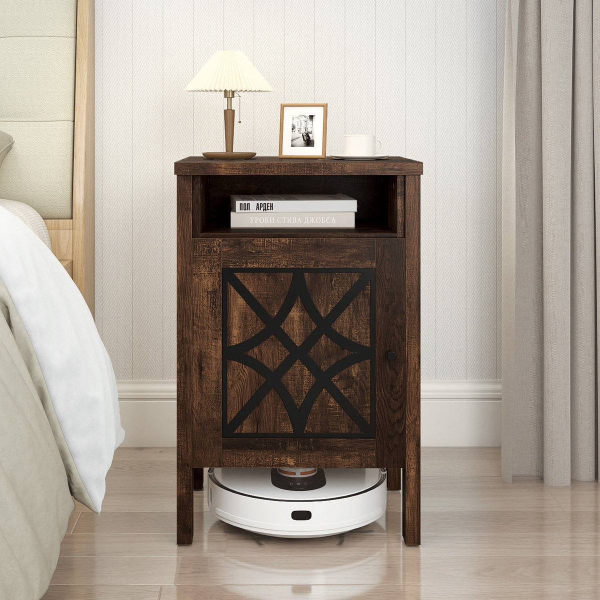Robot Vacuum Storage Cabinet with Door and Open Shelf for Living Room Bedroom-Brown view 2