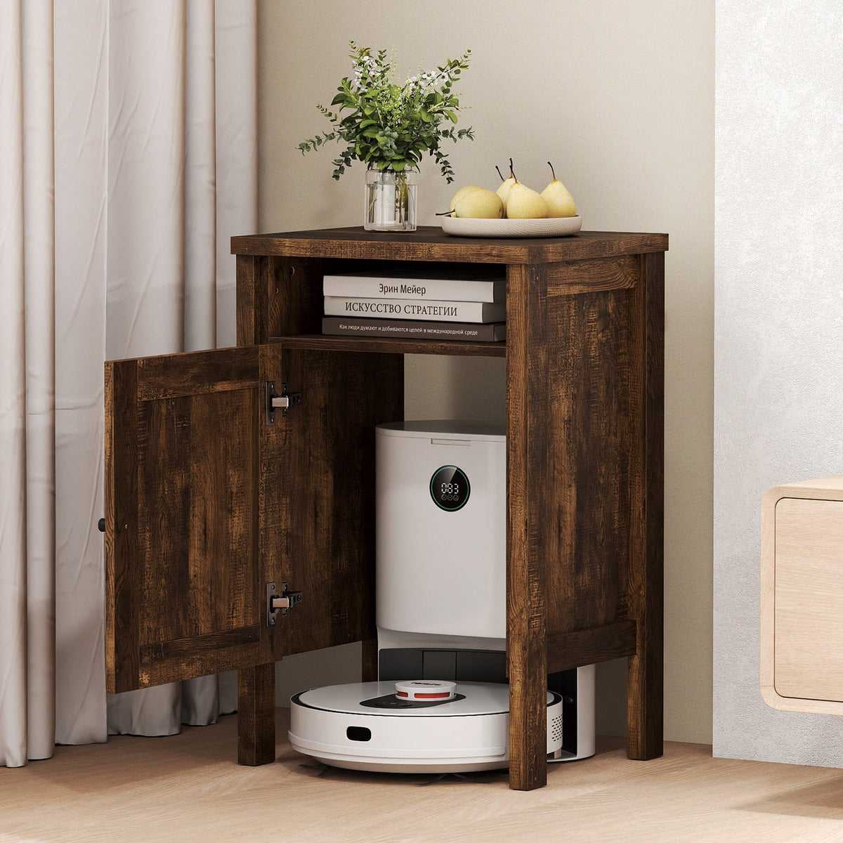 Robot Vacuum Storage Cabinet with Door and Open Shelf for Living Room Bedroom-Brown view 3