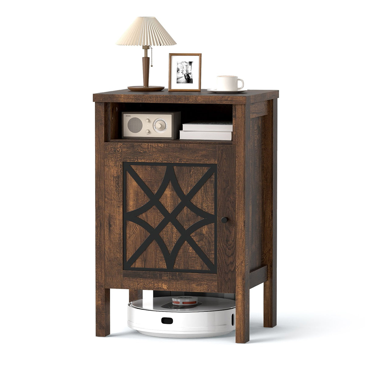 Robot Vacuum Storage Cabinet with Door and Open Shelf for Living Room Bedroom-Brown view 4
