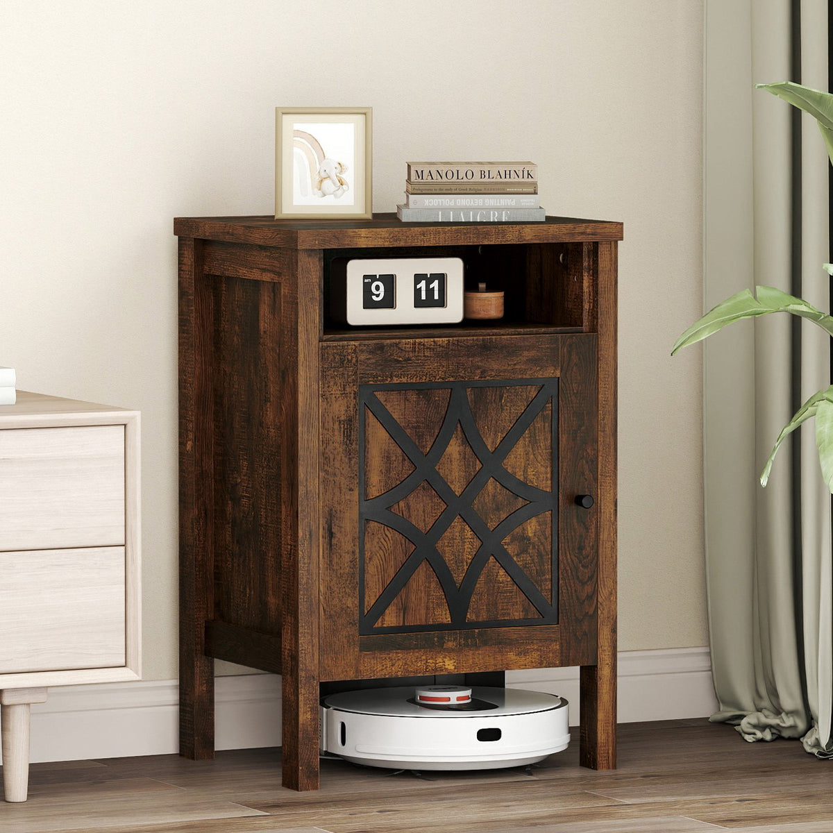 Robot Vacuum Storage Cabinet with Door and Open Shelf for Living Room Bedroom-Brown view 9