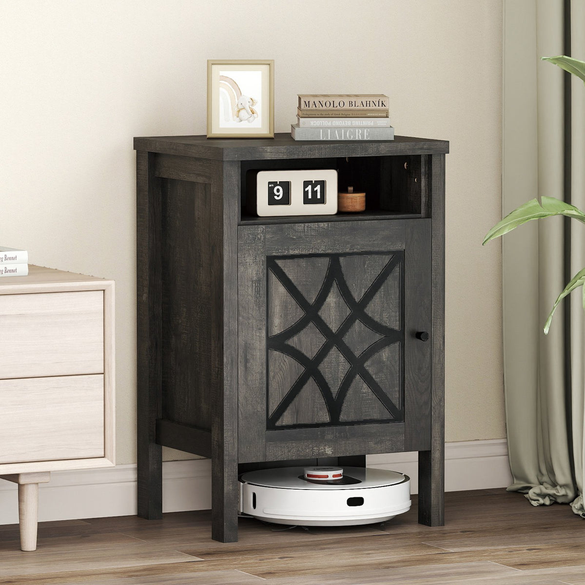 Robot Vacuum Storage Cabinet with Door and Open Shelf for Living Room Bedroom-Gray view 2
