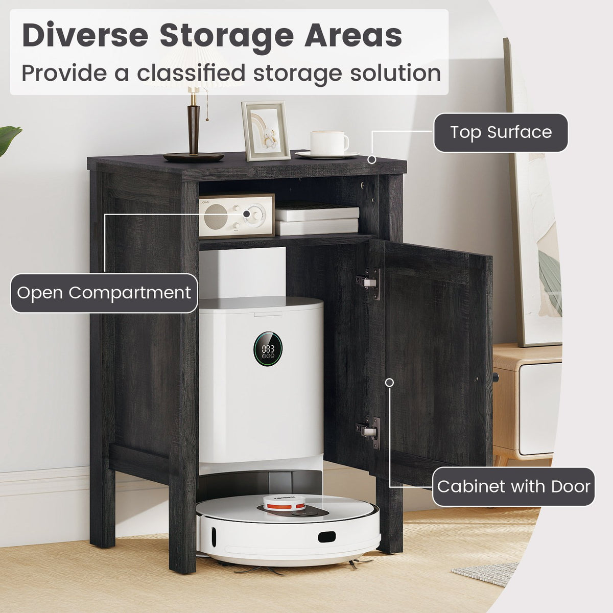 Robot Vacuum Storage Cabinet with Door and Open Shelf for Living Room Bedroom-Gray view 7