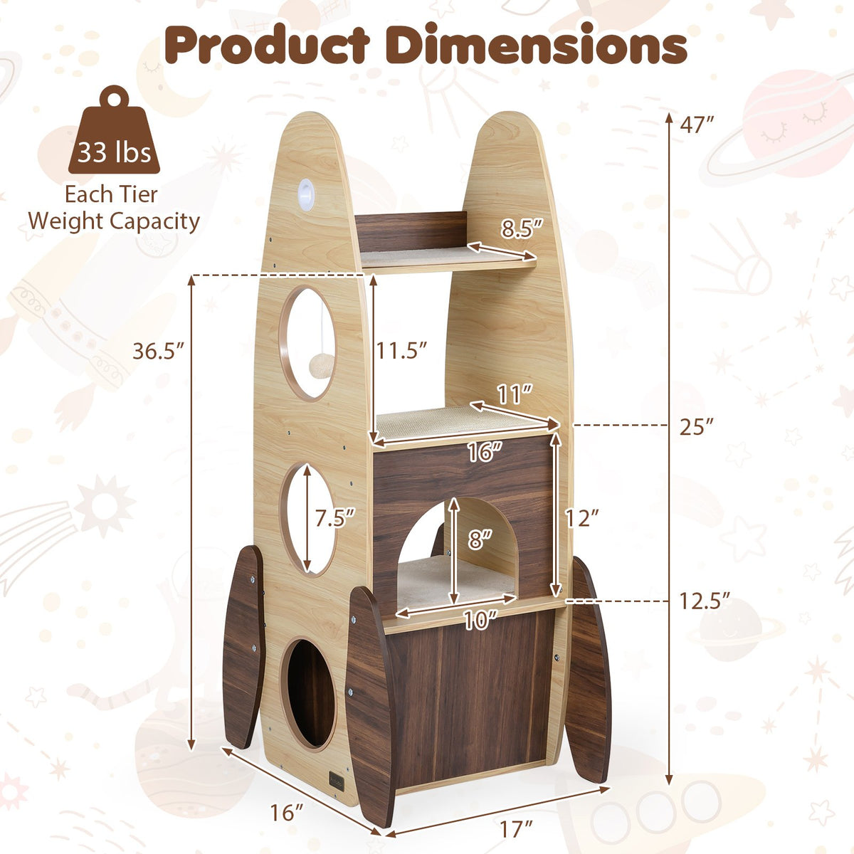 Rocket Cat Tree 47 Inch Large Wooden Cat Tower for Indoor Cats-Natural view 4