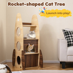 Rocket Cat Tree 47 Inch Large Wooden Cat Tower for Indoor Cats-Natural view 5