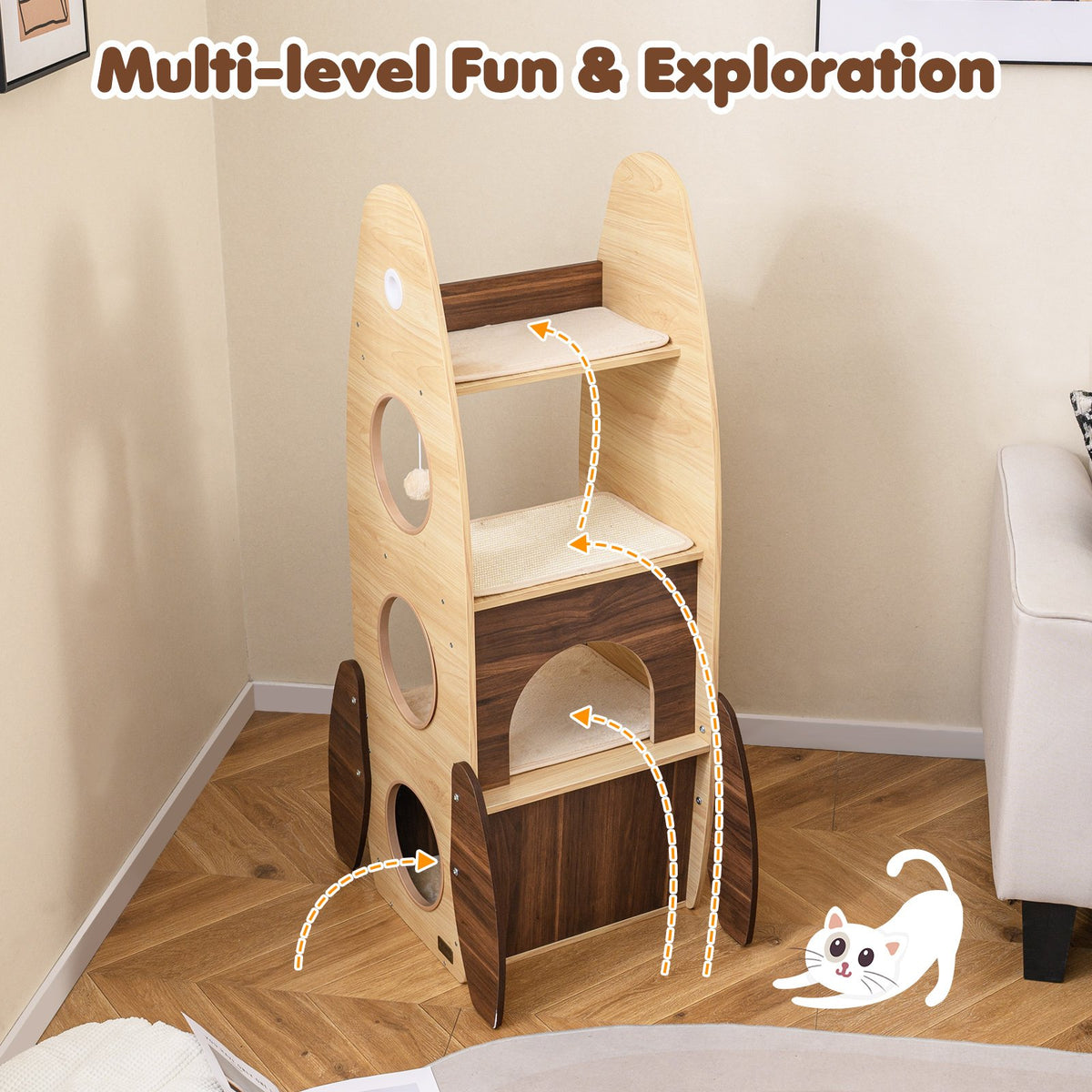 Rocket Cat Tree 47 Inch Large Wooden Cat Tower for Indoor Cats-Natural view 6
