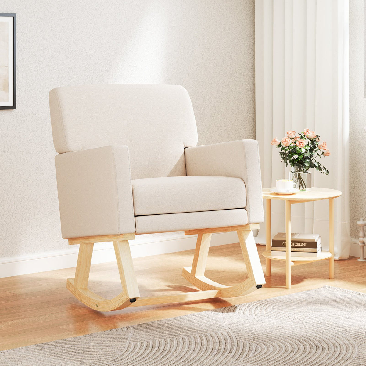 Upholstered Rocking Chair with and Solid Wood Base-Beige view 2