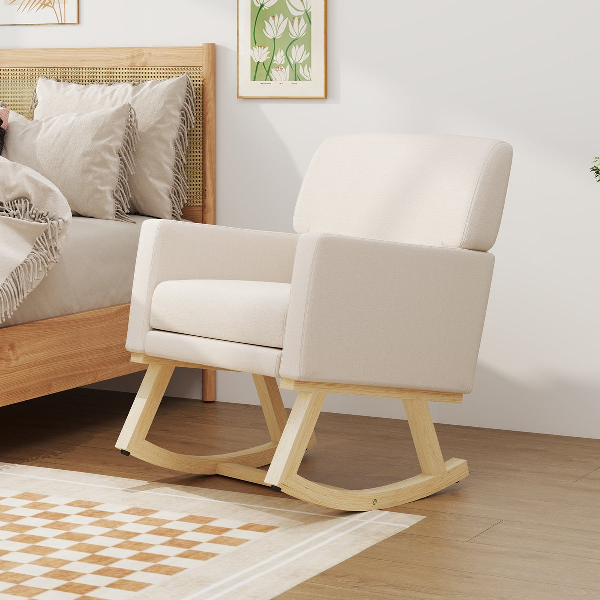 Upholstered Rocking Chair with and Solid Wood Base-Beige view 3