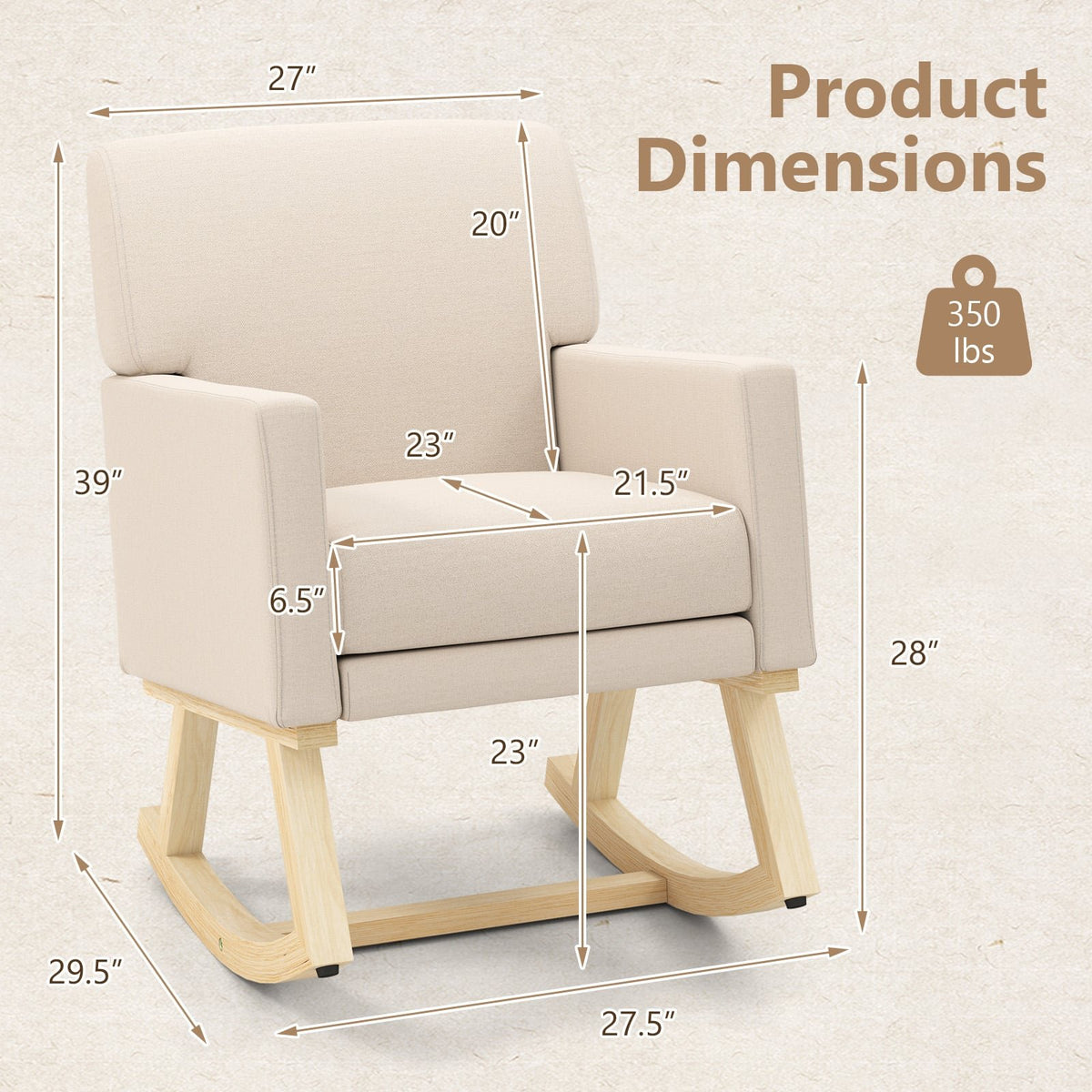 Upholstered Rocking Chair with and Solid Wood Base-Beige view 4
