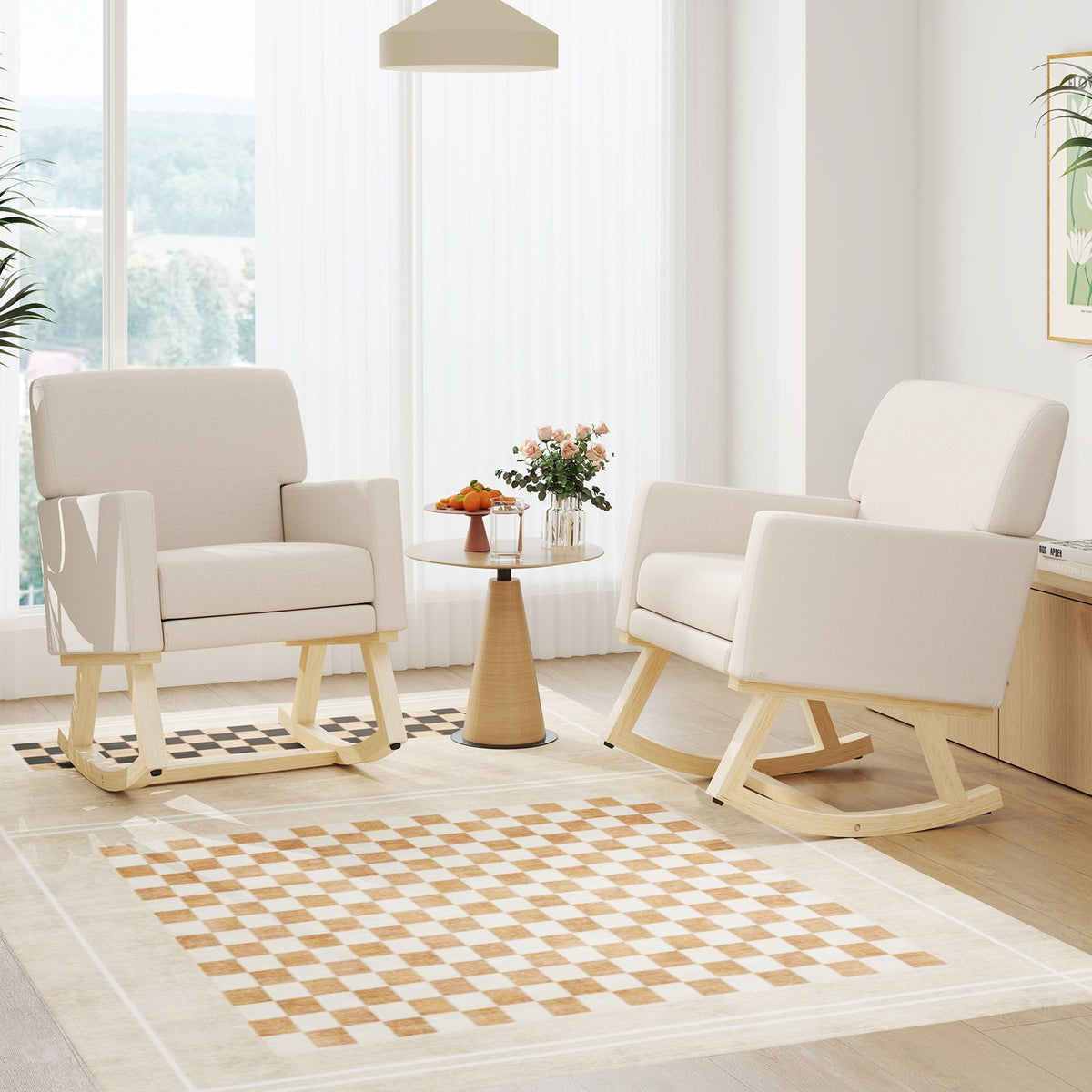 Upholstered Rocking Chair with and Solid Wood Base-Beige view 5