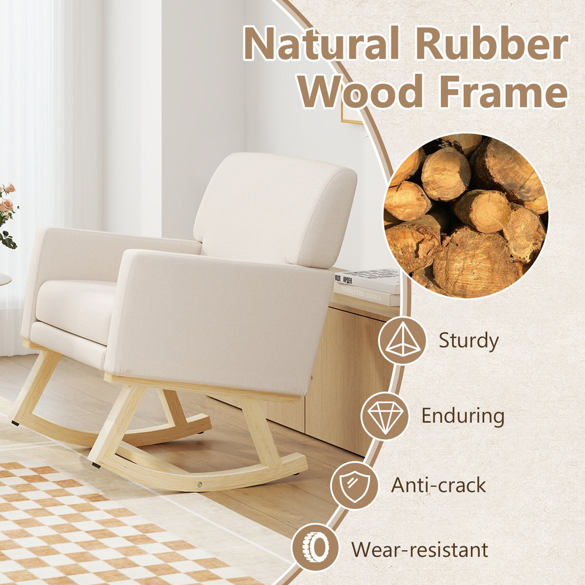 Upholstered Rocking Chair with and Solid Wood Base-Beige view 6