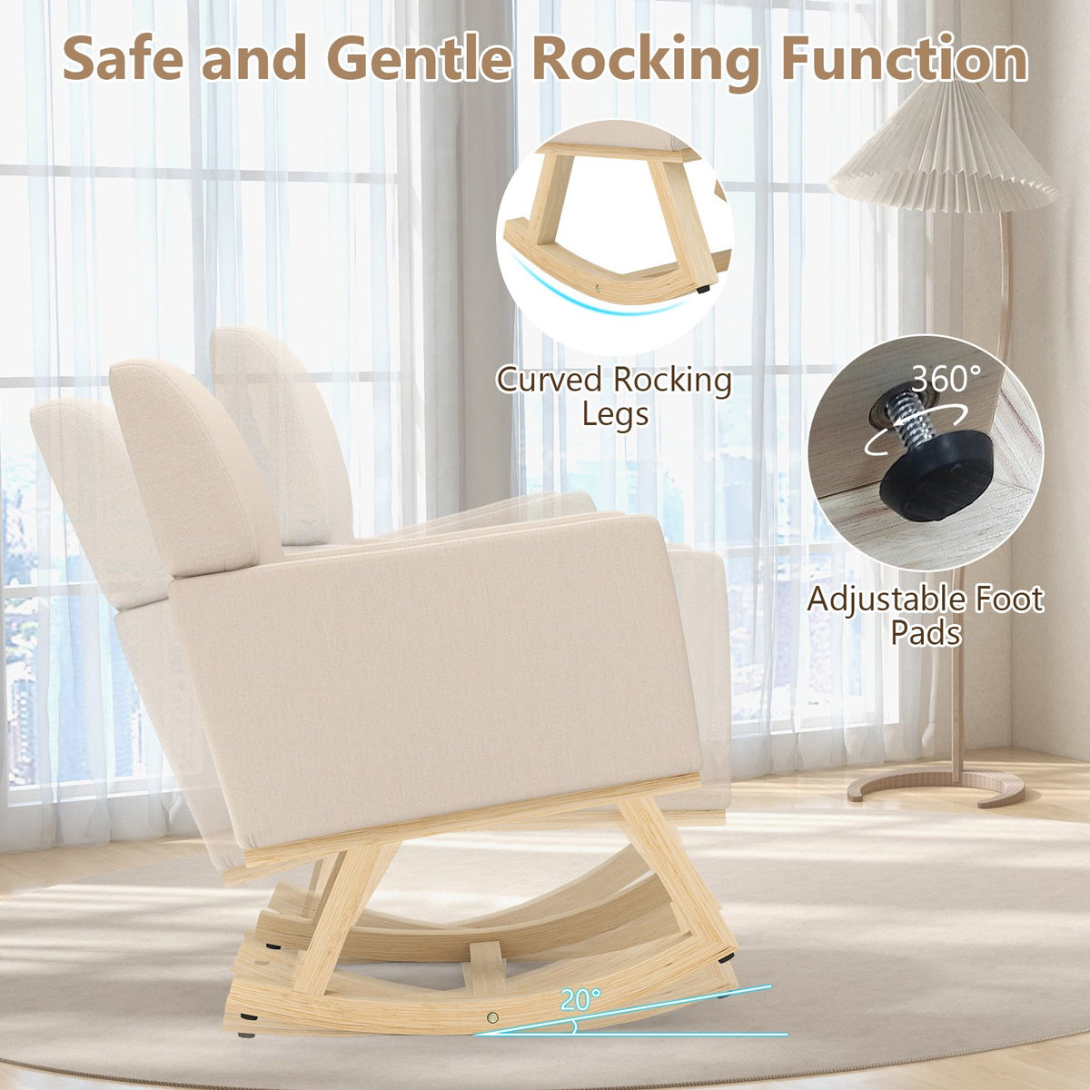 Upholstered Rocking Chair with and Solid Wood Base-Beige view 7