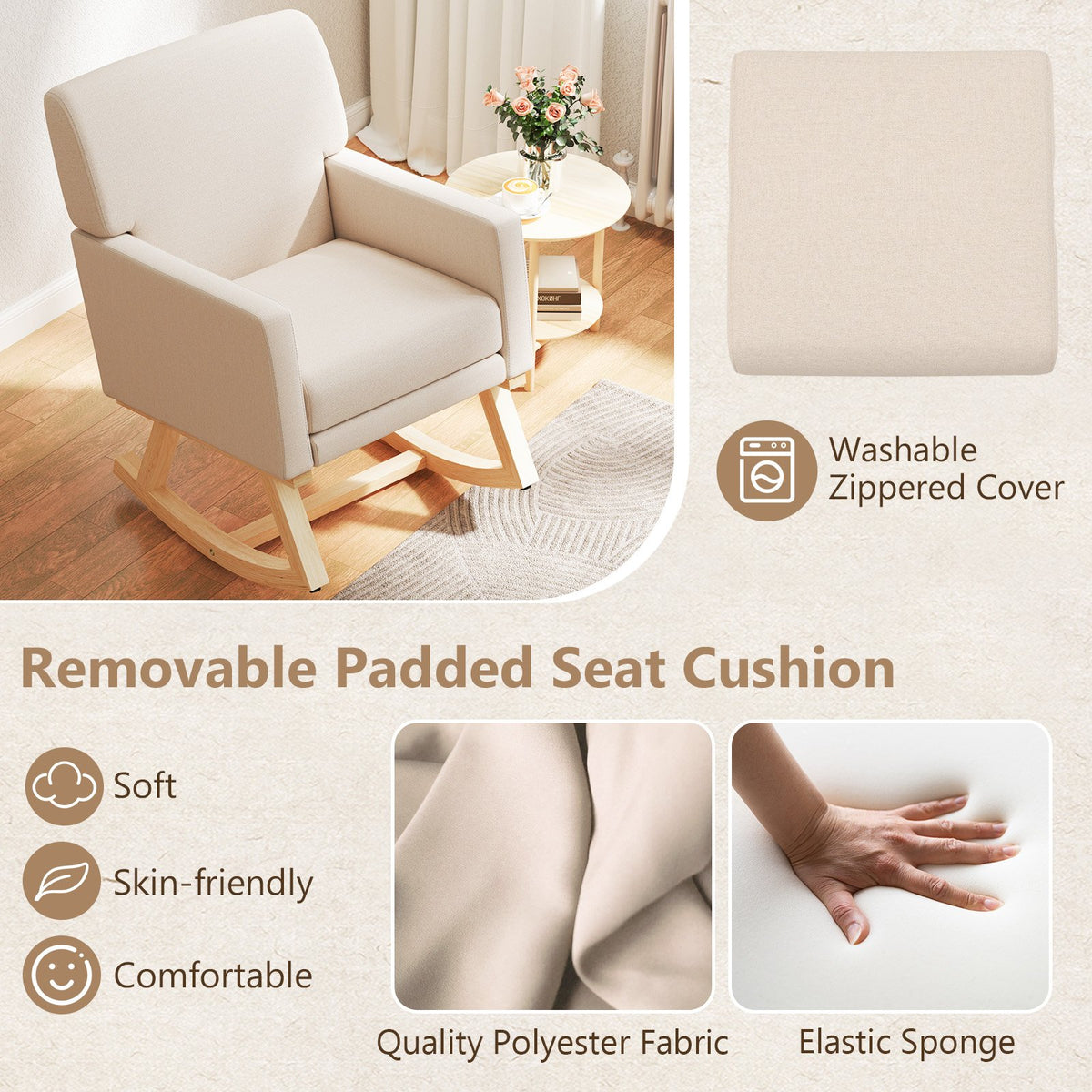 Upholstered Rocking Chair with and Solid Wood Base-Beige view 8