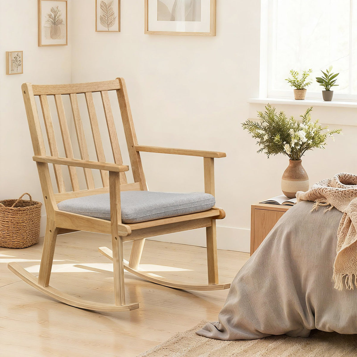 Rocking Chair with Cushion Solid Rubber Wood Rocker with Padded Seat-Natural view 3