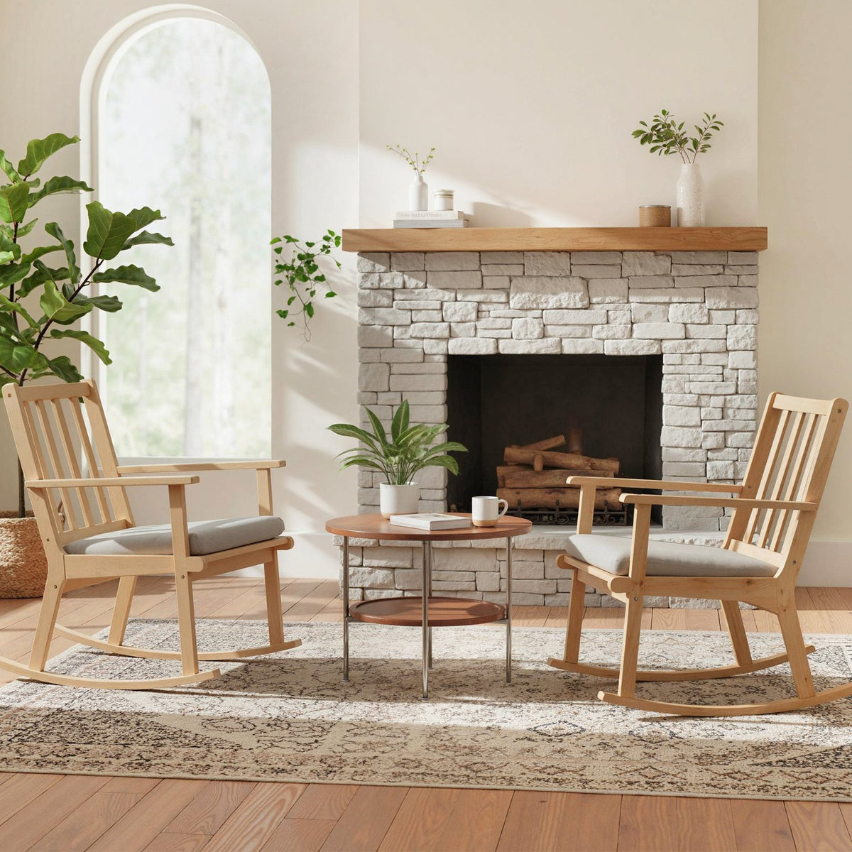 Rocking Chair with Cushion Solid Rubber Wood Rocker with Padded Seat-Natural view 5