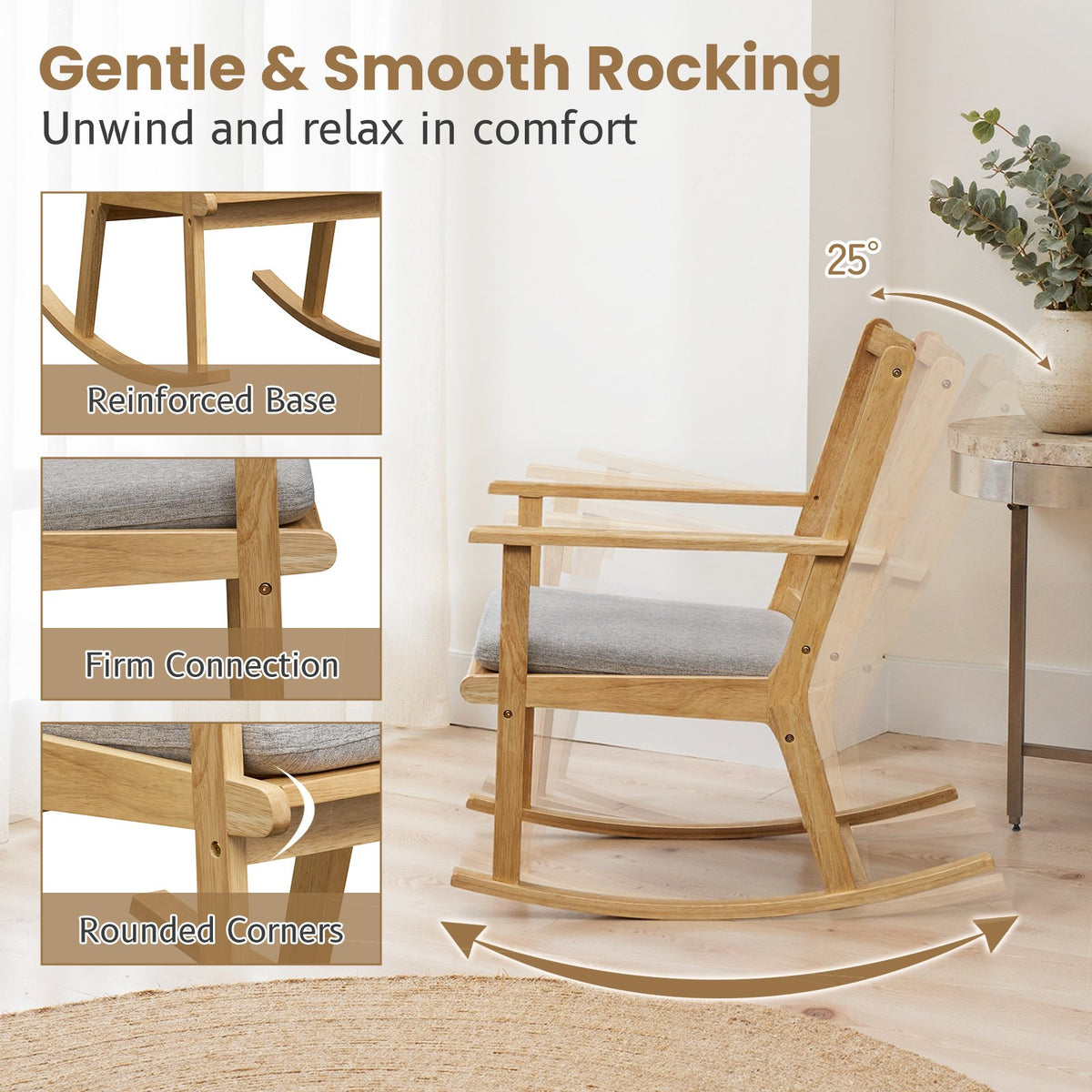 Rocking Chair with Cushion Solid Rubber Wood Rocker with Padded Seat-Natural view 6