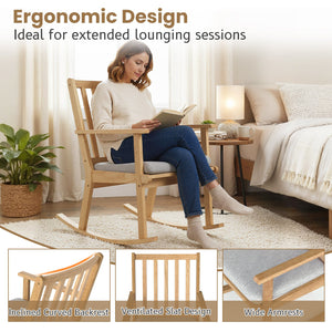 Rocking Chair with Cushion Solid Rubber Wood Rocker with Padded Seat-Natural view 9