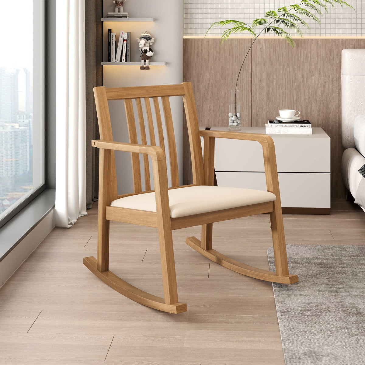 Rocking Chair with Slatted Back and Curved Armrests-Natural view 3