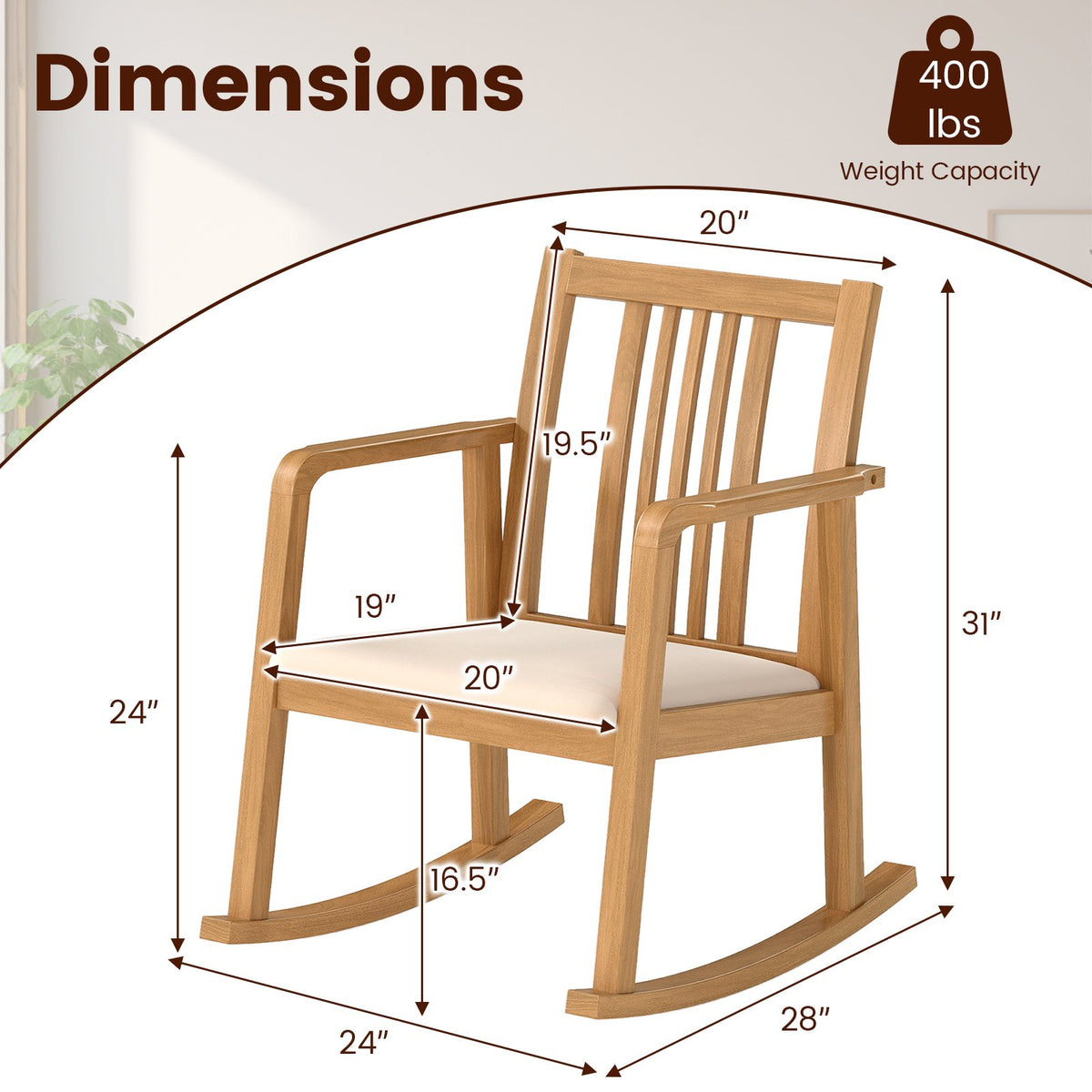 Rocking Chair with Slatted Back and Curved Armrests-Natural view 4