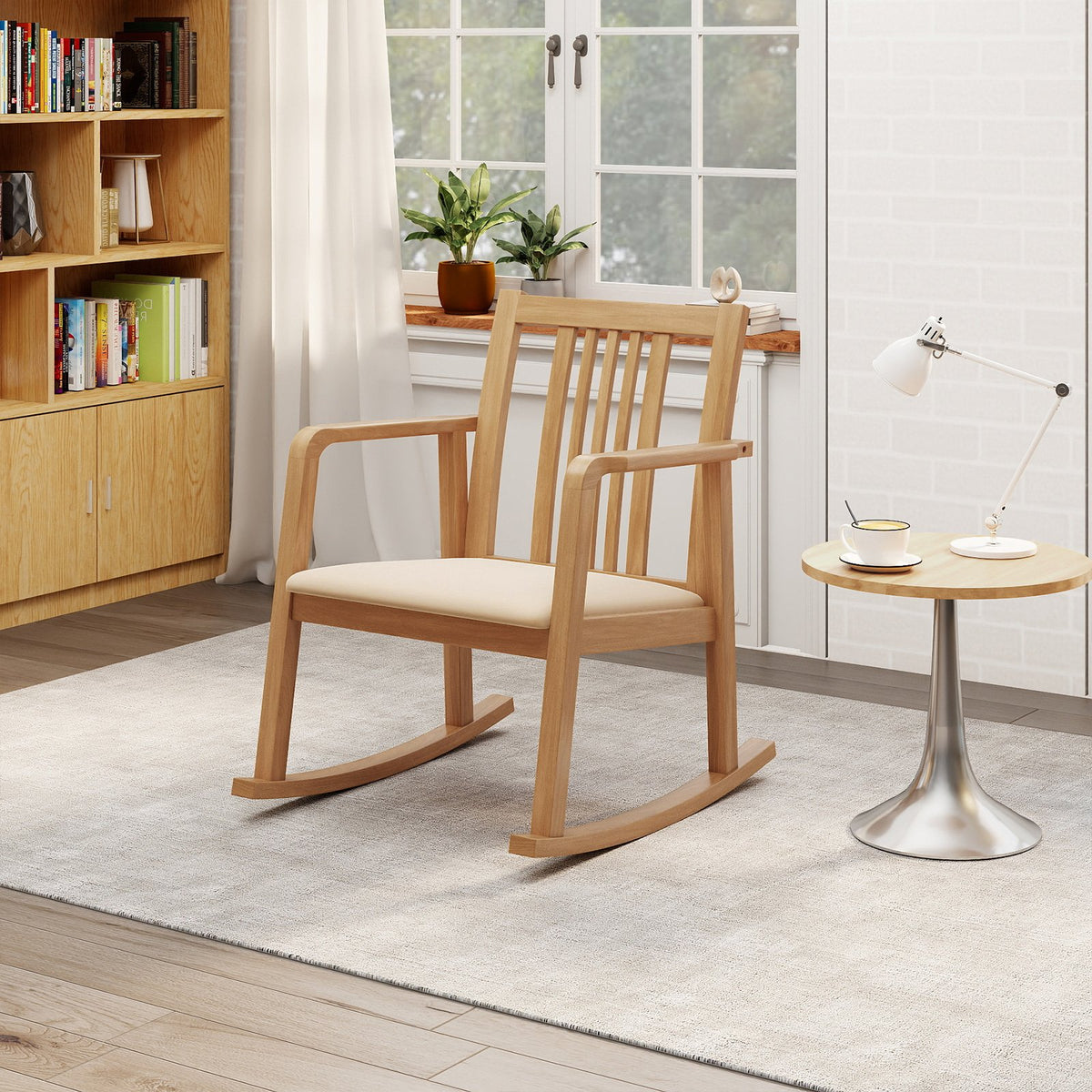 Rocking Chair with Slatted Back and Curved Armrests-Natural view 5
