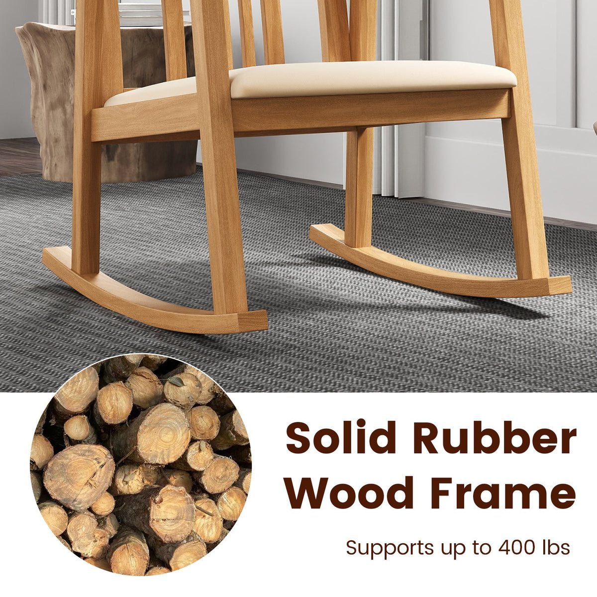 Rocking Chair with Slatted Back and Curved Armrests-Natural view 7