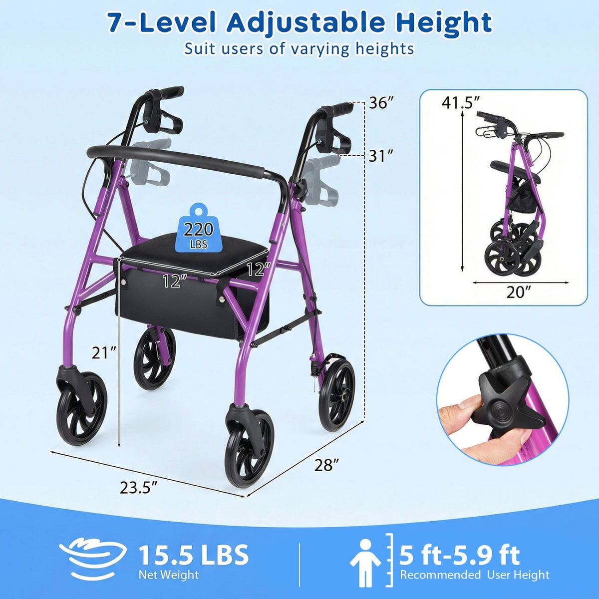 Rollator Walker with Seat and Height Adjustable Handles-Purple view 5
