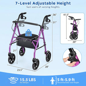 Rollator Walker with Seat and Height Adjustable Handles-Purple view 5