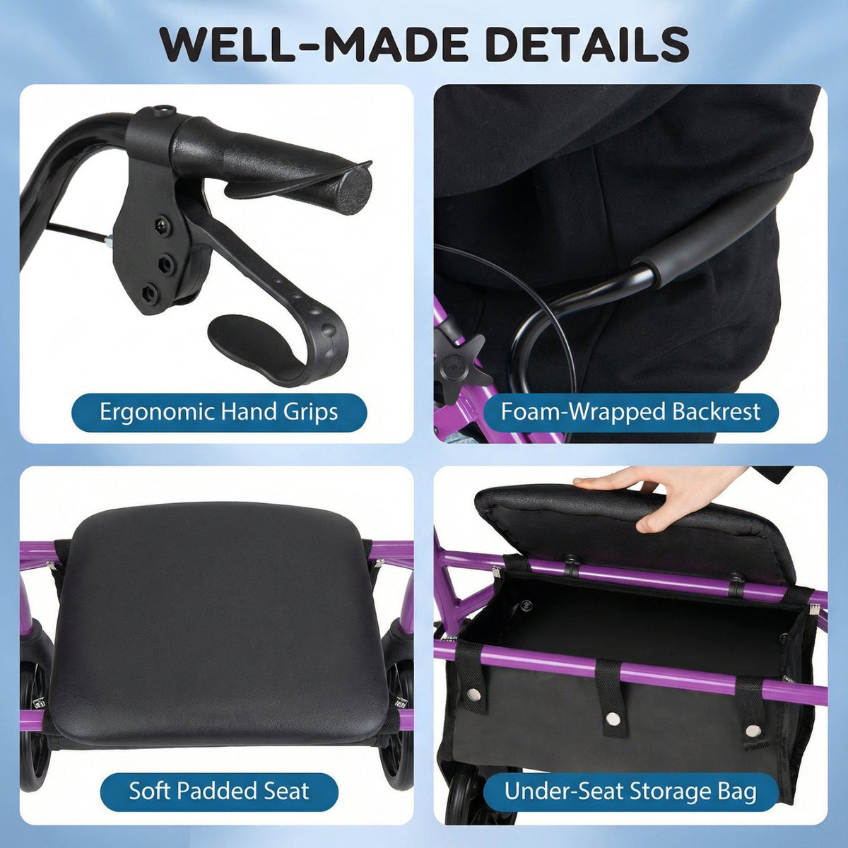 Rollator Walker with Seat and Height Adjustable Handles-Purple view 6