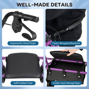 Rollator Walker with Seat and Height Adjustable Handles-Purple view 6