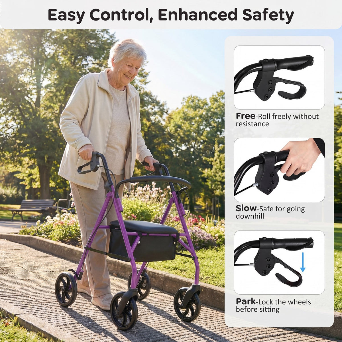 Rollator Walker with Seat and Height Adjustable Handles-Purple view 7