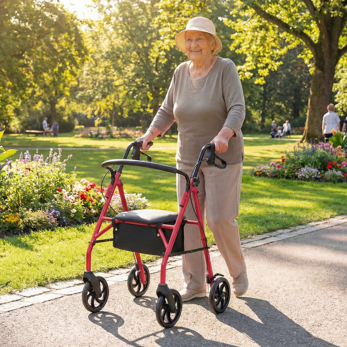 Rollator Walker with Seat and Height Adjustable Handles-Red view 2