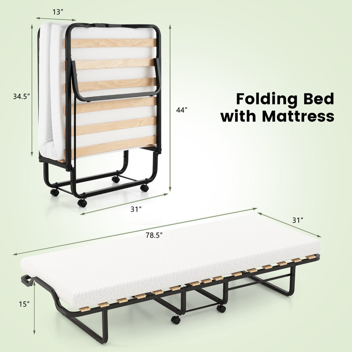Rollaway Folding Bed with Memory Foam Mattress Made in Italy view 5