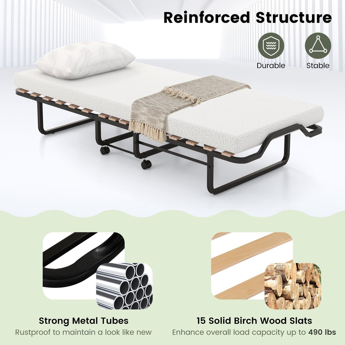 Rollaway Folding Bed with Memory Foam Mattress Made in Italy view 9